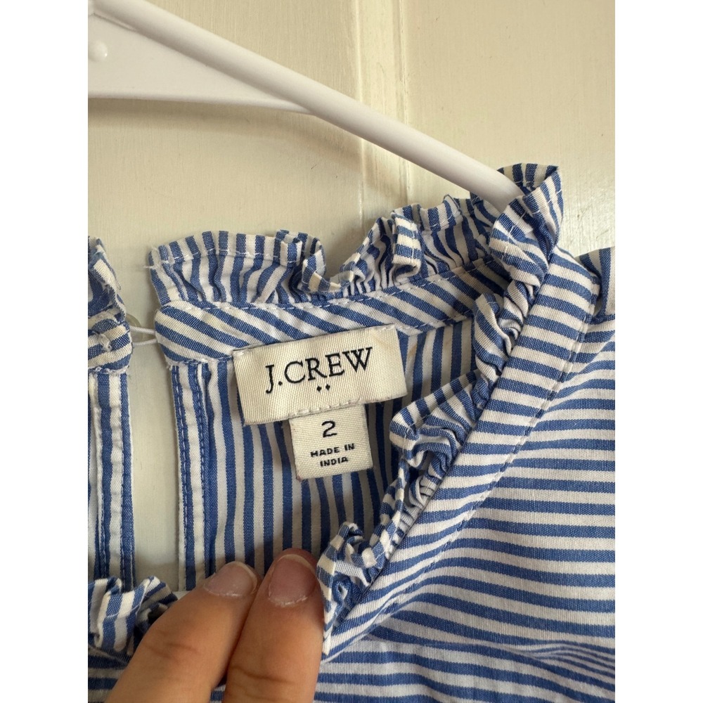 J.Crew Blue Striped Ruffleneck shirred top in cotton poplin size 2 - Picture 3 of 7